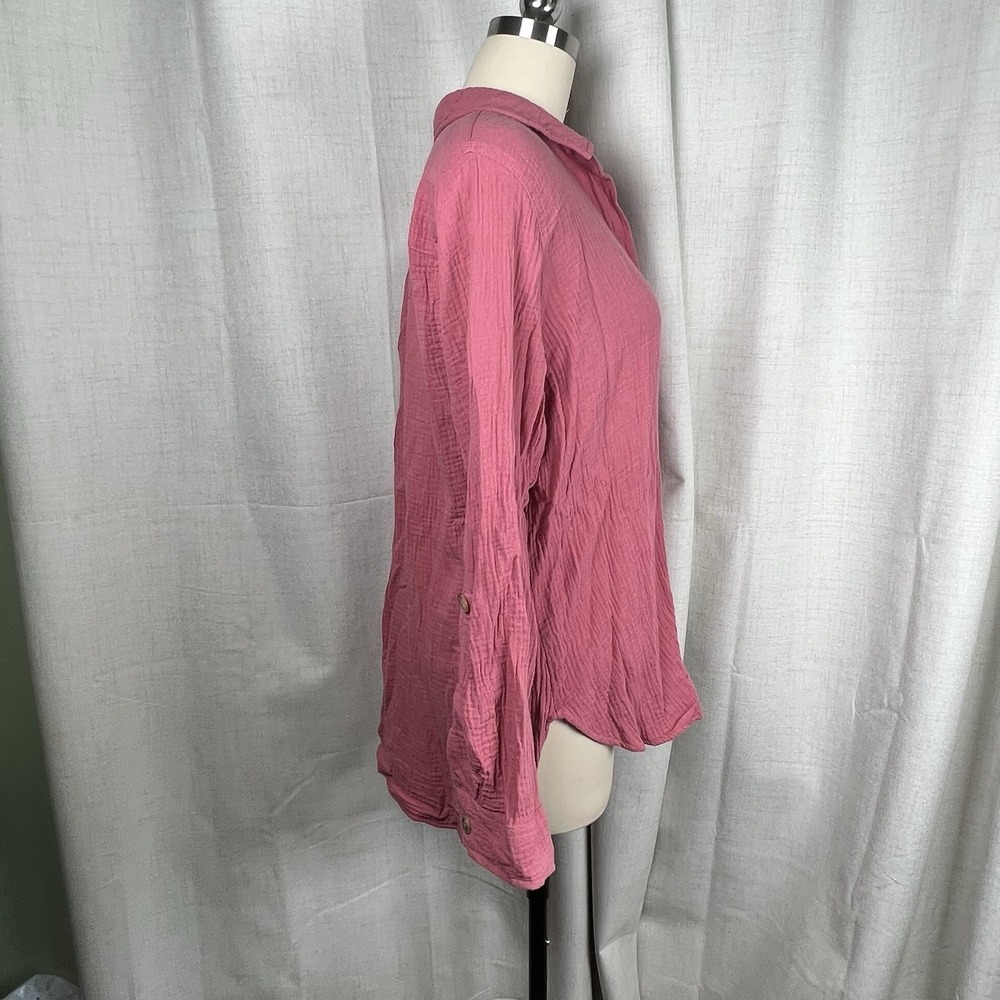 COMO VINTAGE Gauzy Roll-Tab Sleeve Button Up Tunic Top Textured Rose Pink‎ XL - Picture 6 of 11